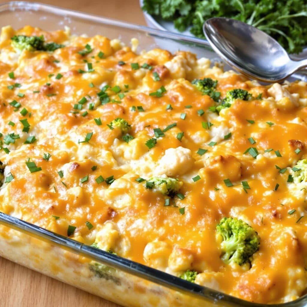 Chicken broccoli rice casserole with golden cheese topping in a baking dish.