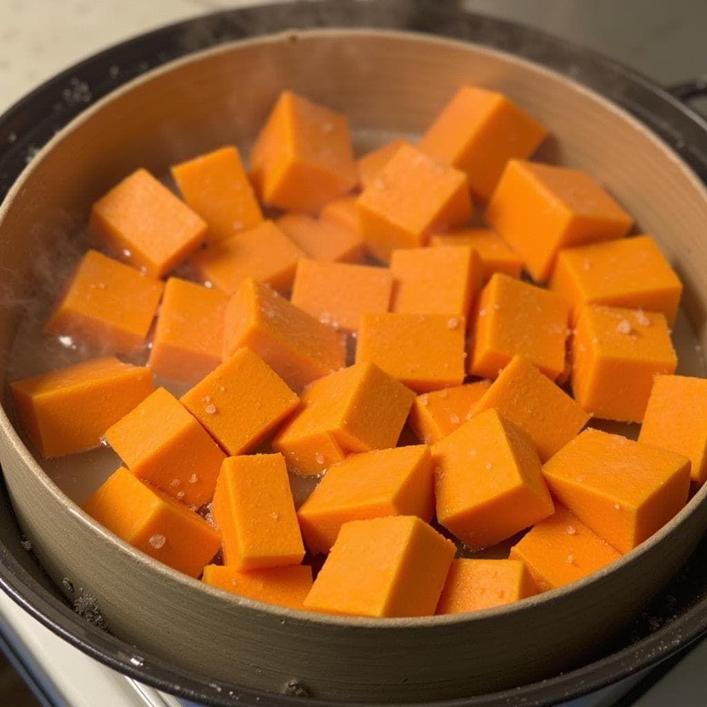 Steaming sweet potato cubes in a basket above boiling water.