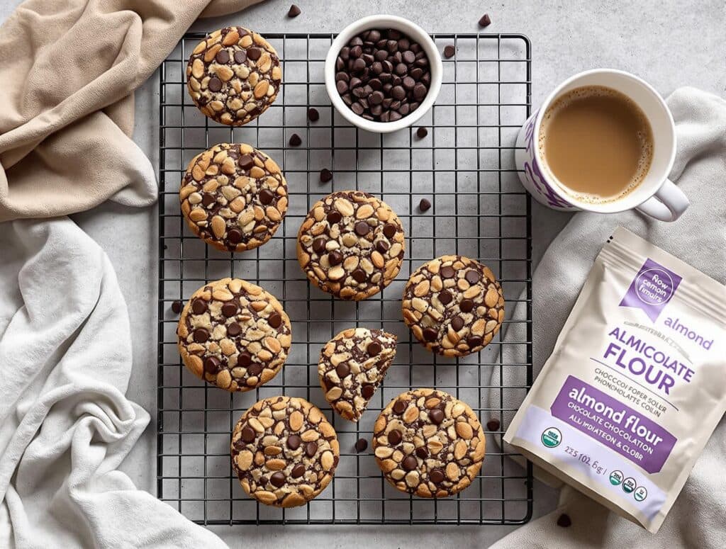 Freshly baked almond flour chocolate cookies cooling on a rack, surrounded by chocolate chips and almond flour.