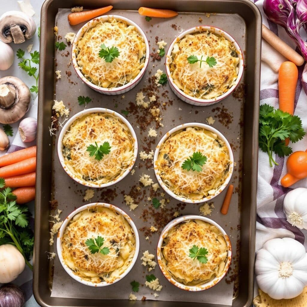 Individual chicken broccoli rice casserole ramekins with breadcrumb topping and garnishes.