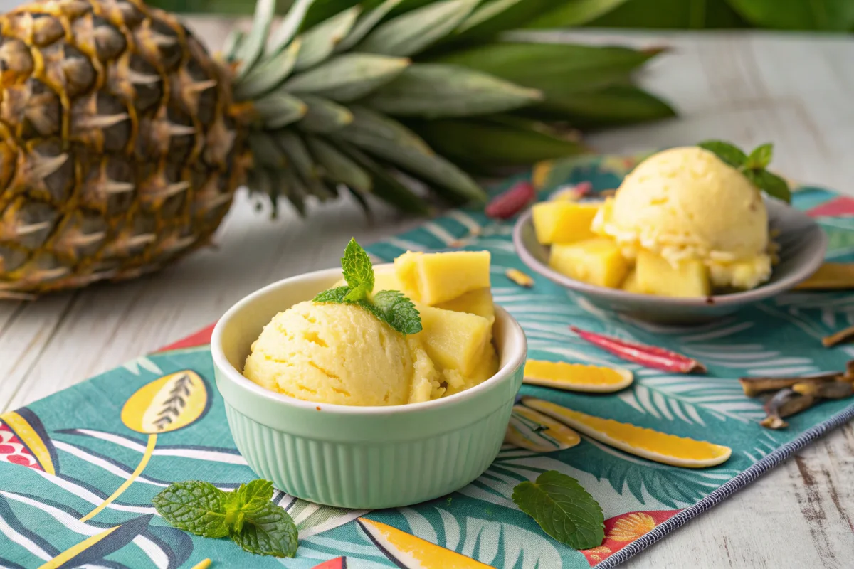 Pineapple sherbet garnished with a pineapple wedge and mint on a tropical table.