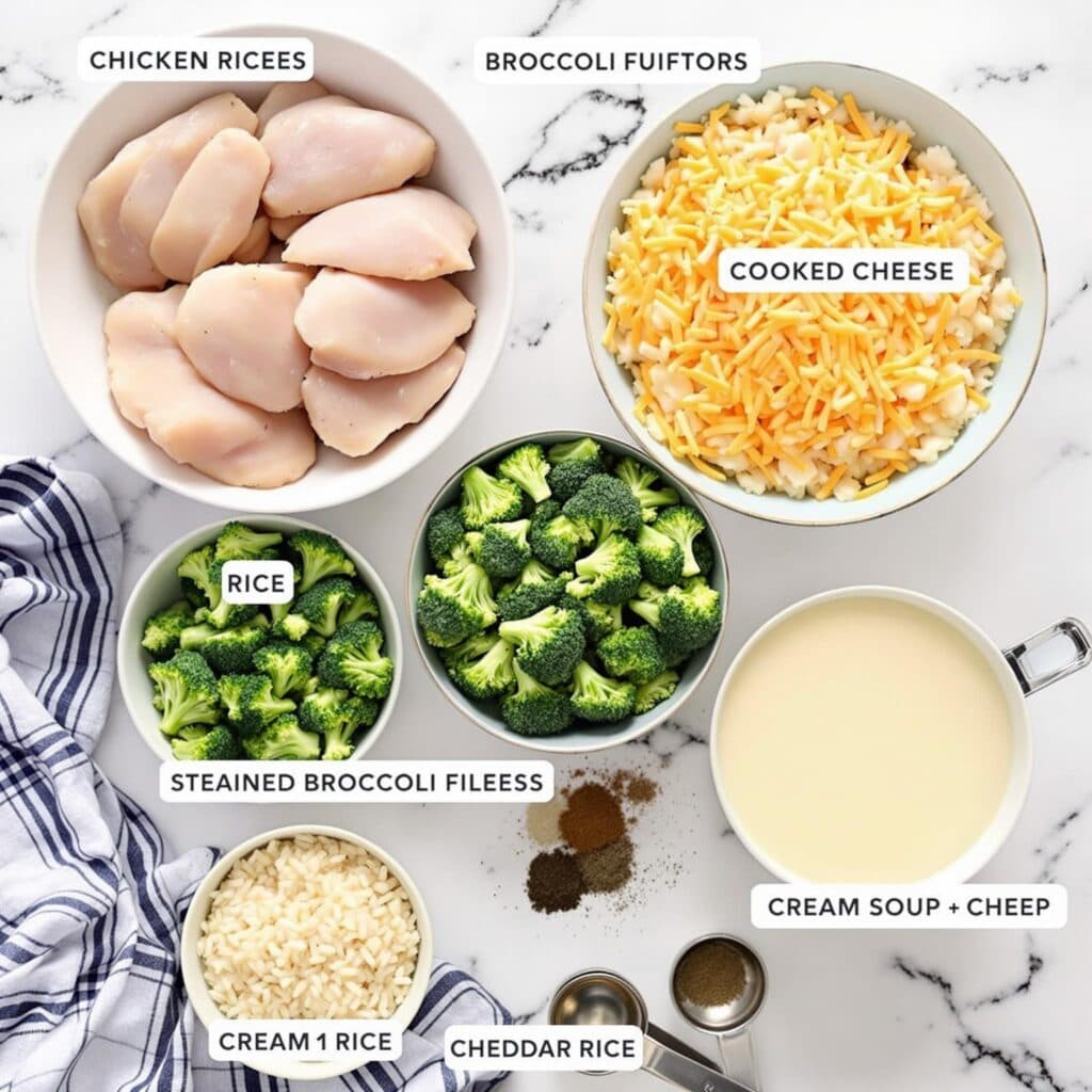 Ingredients for chicken broccoli rice casserole, including chicken, broccoli, rice, cheese, and cream soup.