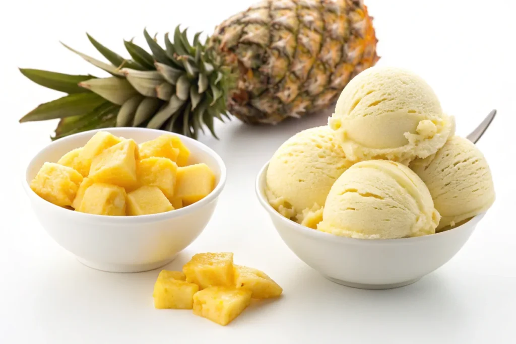 Side-by-side comparison of pineapple sherbet and pineapple sorbet.