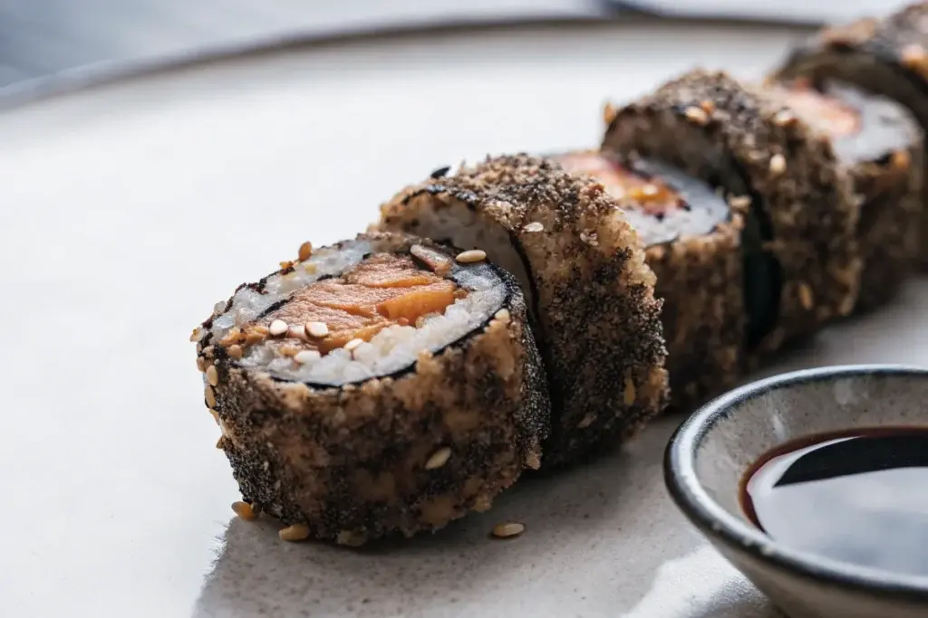 Sweet potato tempura roll garnished with sesame seeds and served with dipping sauce.