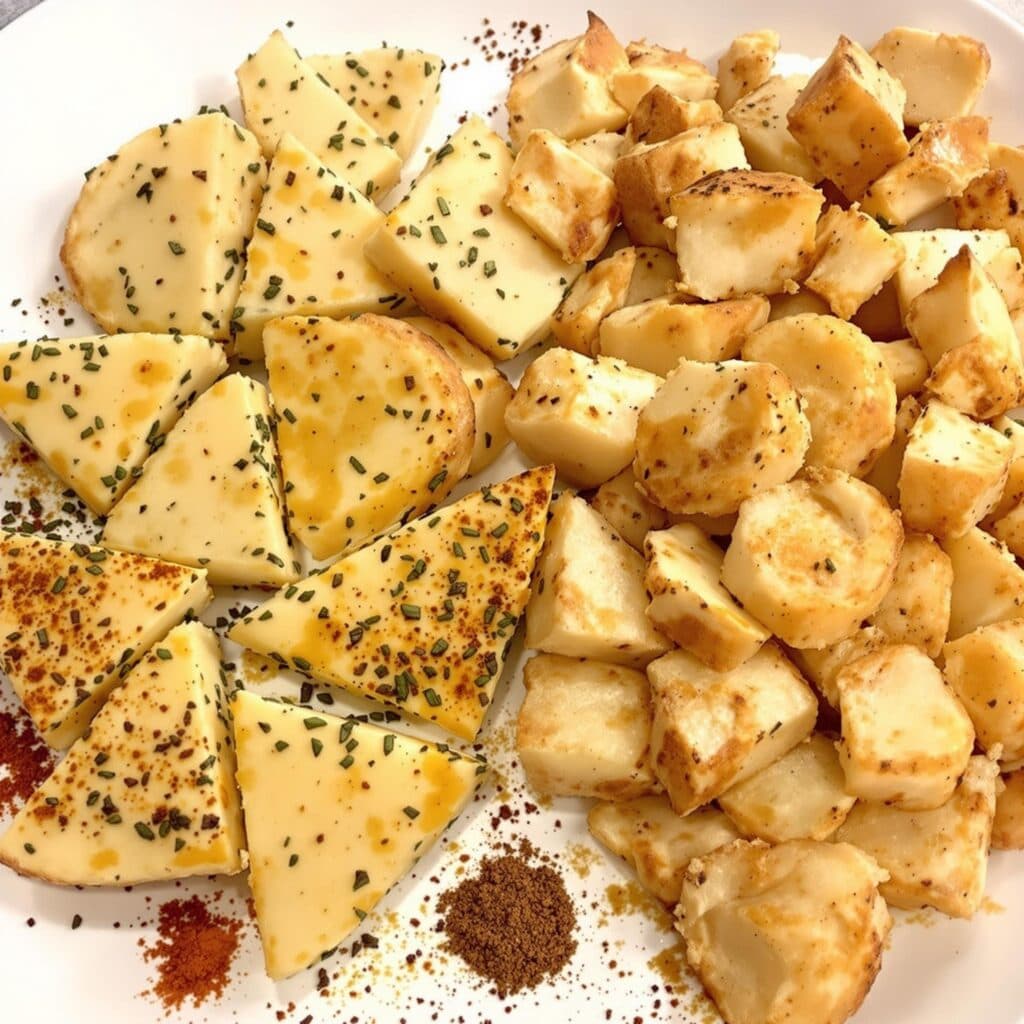 Slices of Passover potato pie and North African maakouda on a platter with spices.