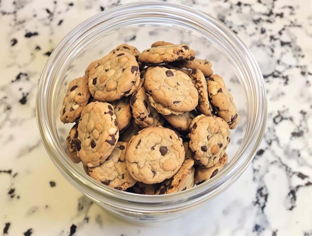 Almond flour chocolate cookies stored in a jar, with serving ideas like ice cream sandwiches and parfaits.