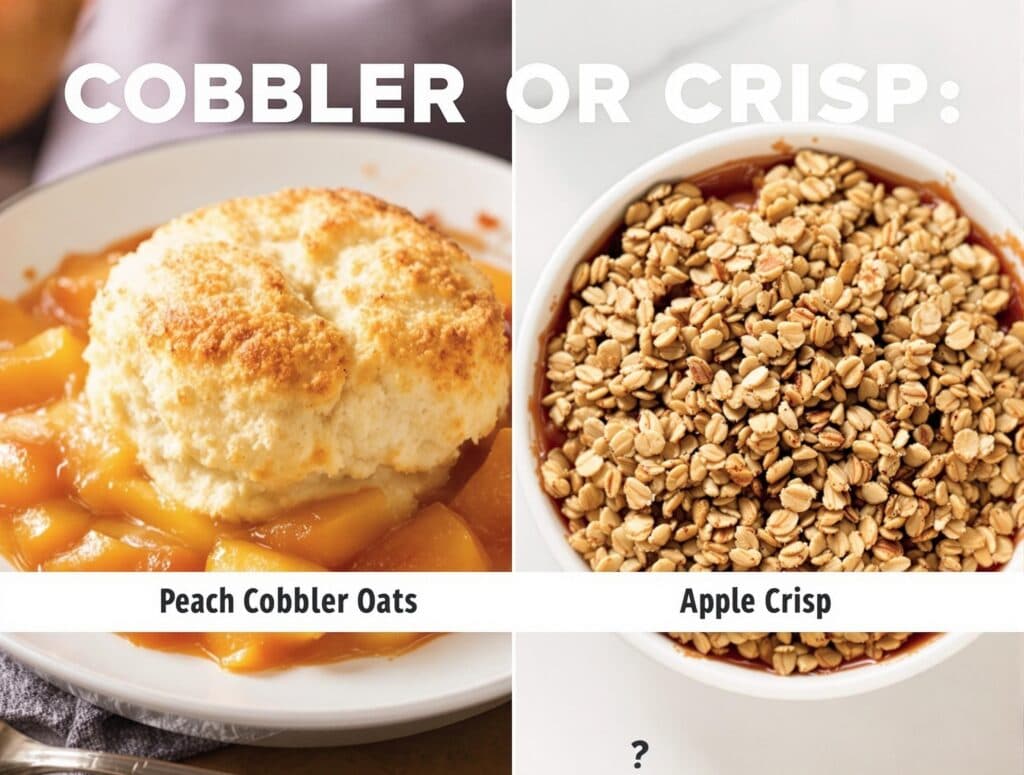 Side-by-side comparison of peach cobbler and apple crisp, highlighting their distinct toppings to answer the question : Are cobbler and crisp the same thing?