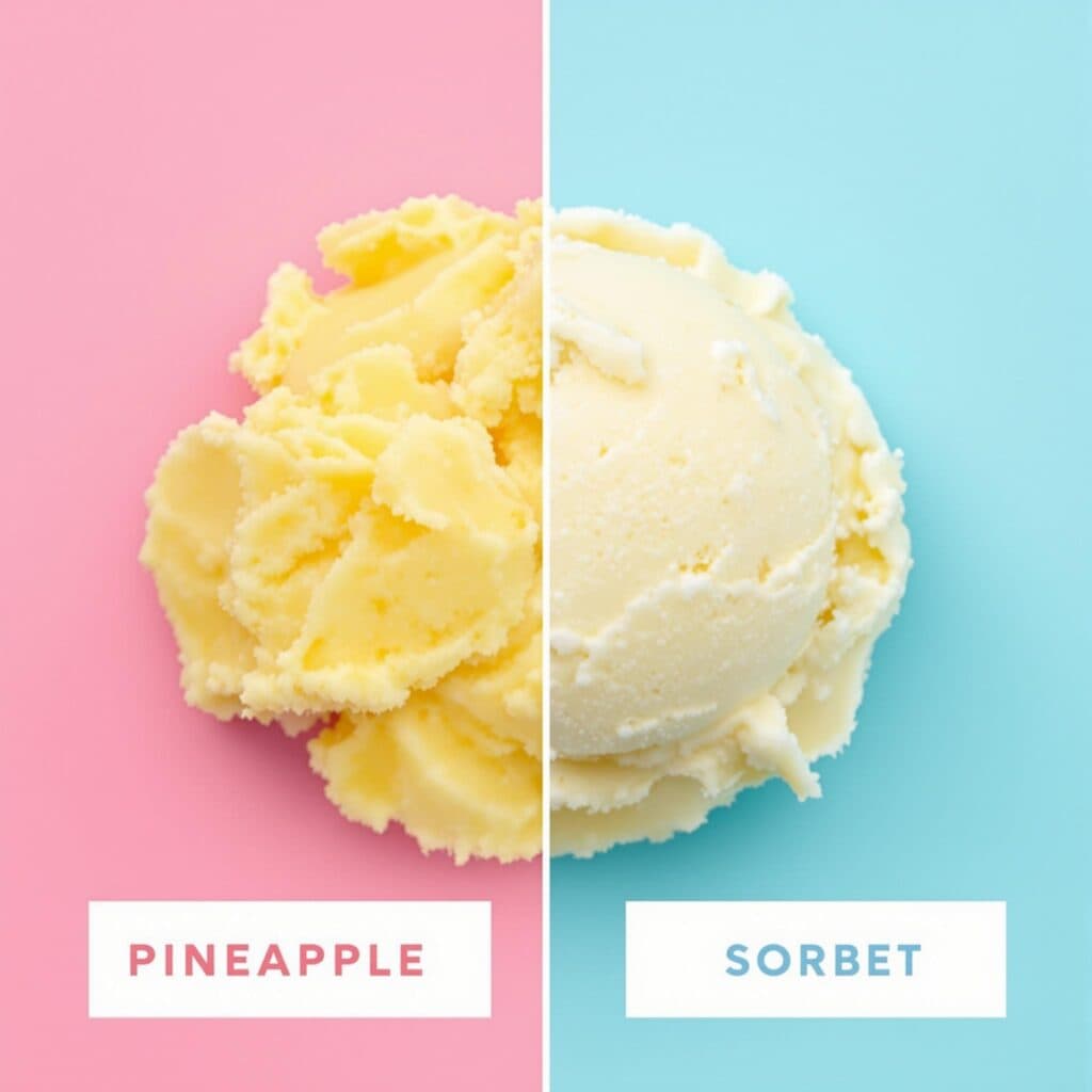 Side-by-side comparison of pineapple sherbet and pineapple sorbet.