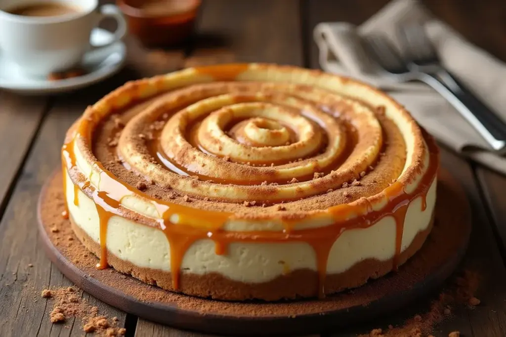 Cinnamon roll cheesecake with caramel drizzle and cinnamon garnish on a wooden table.