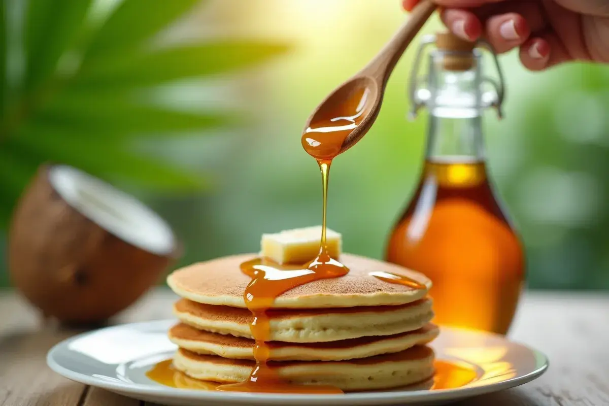 Bottle of golden coconut syrup drizzling over pancakes in a tropical setting.