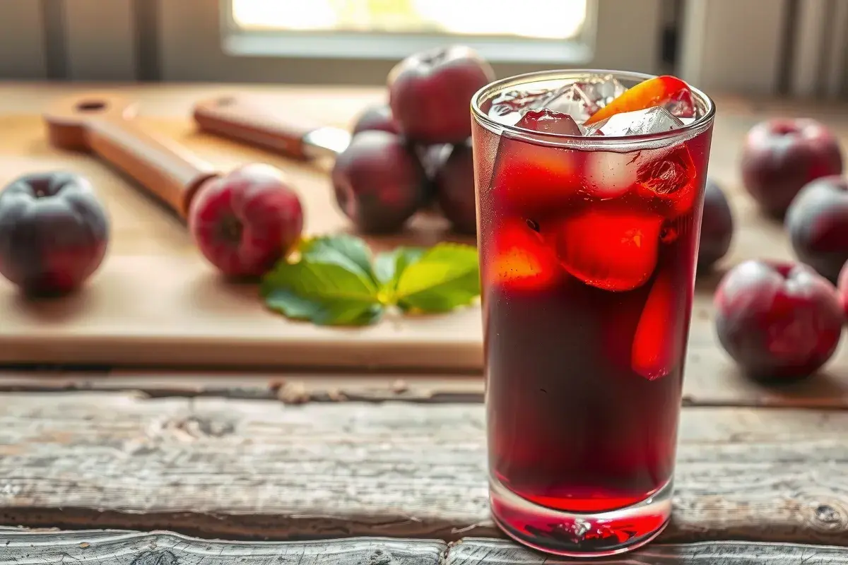 Glass of fresh plum juice with a slice of plum and ice cubes on a rustic table.