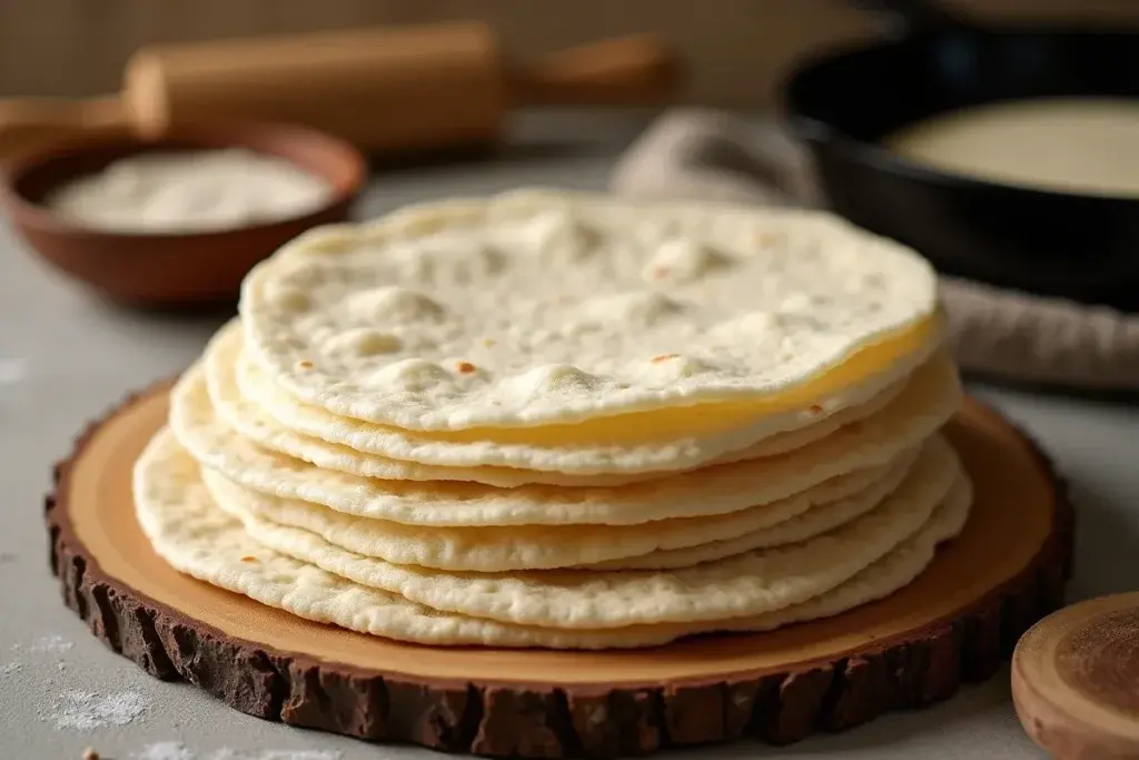 Stack of sourdough tortillas with visible bubbles and golden spots on a wooden board.