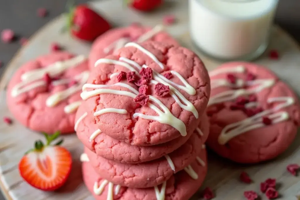 Stack of pink strawberry cake cookies with white chocolate drizzle and strawberry crumbles.