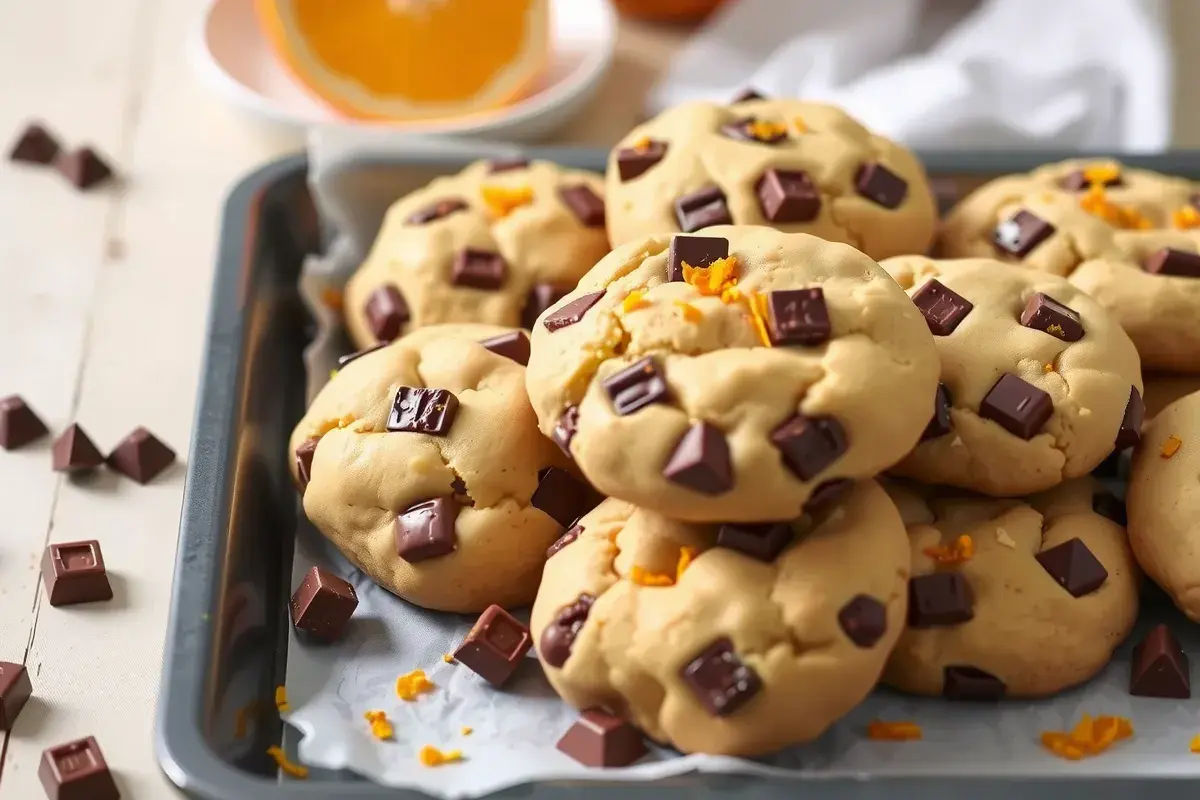 Rustic tray of orange chocolate cookies with chunks of chocolate and orange zest.