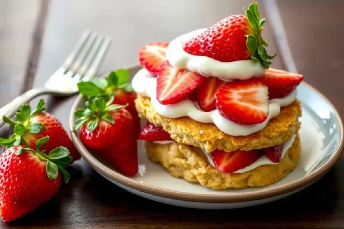 Golden-brown Bisquick shortcake with fresh strawberries and whipped cream.