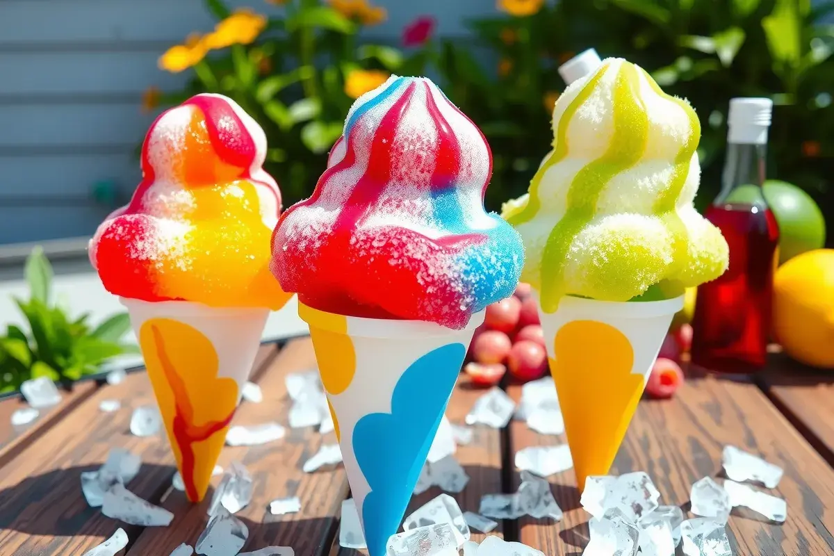 Trio of snow cones with red, blue, and green syrups on a rustic wooden table.