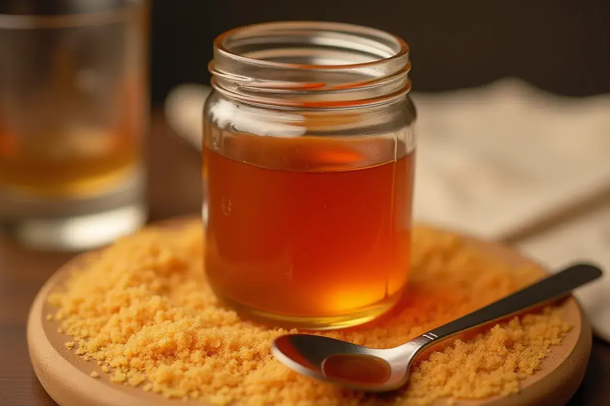 Jar of demerara syrup with sugar crystals and a cocktail glass.