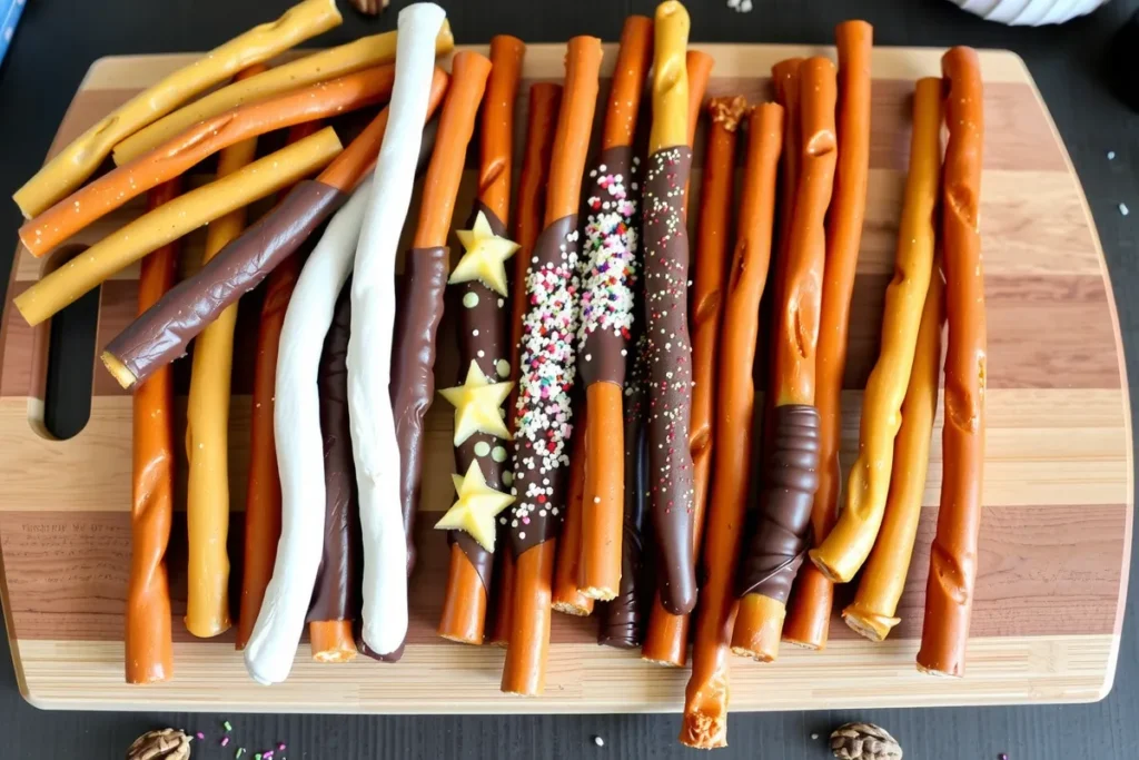 Gourmet pretzel rods being made with chocolate dips and assorted toppings.