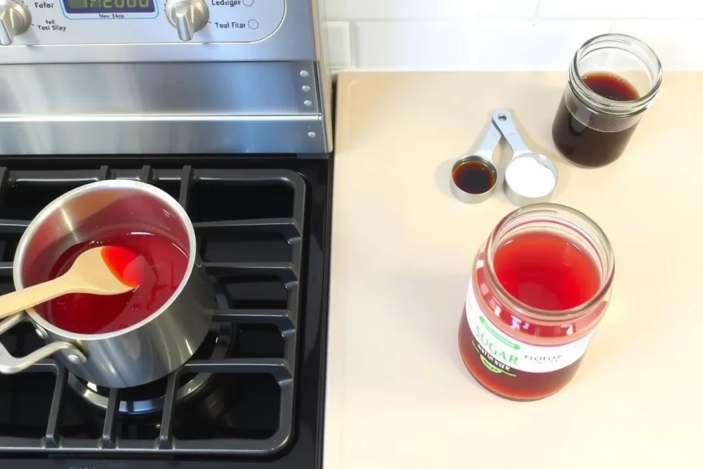 Homemade red snow cone syrup being stirred in a saucepan on a stove.