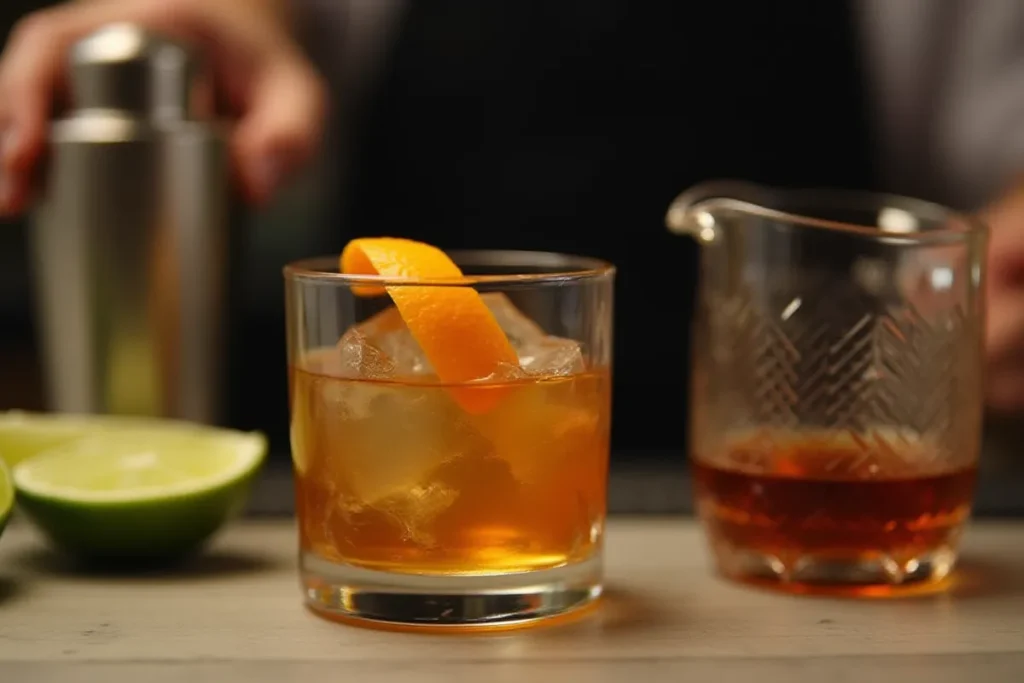 Bartender’s station with demerara syrup and an Old Fashioned cocktail.