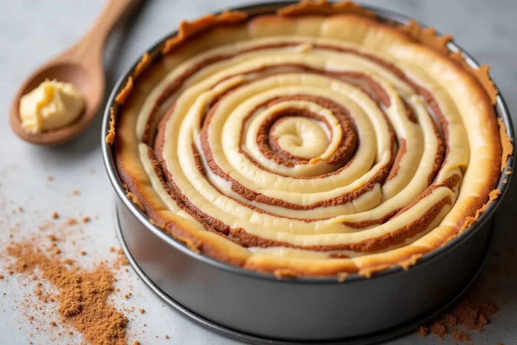 Cinnamon swirl in a cheesecake batter inside a springform pan, ready for baking.