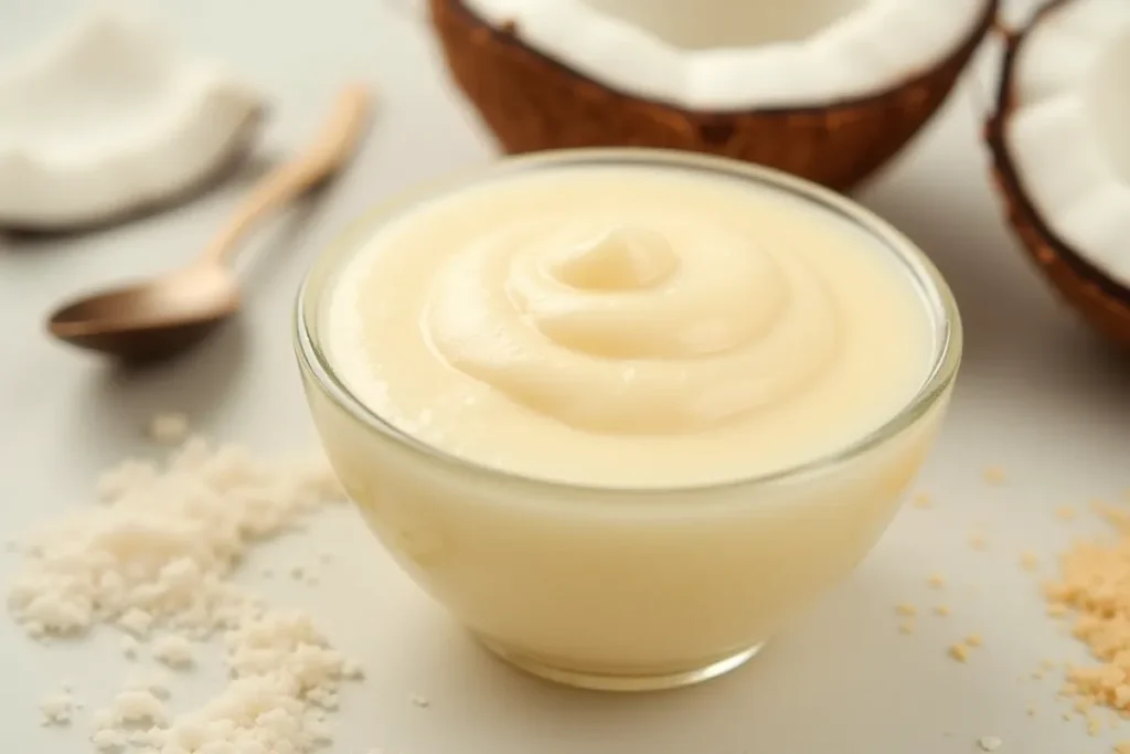 Coconut syrup in a glass bowl with fresh coconuts and raw sugar.