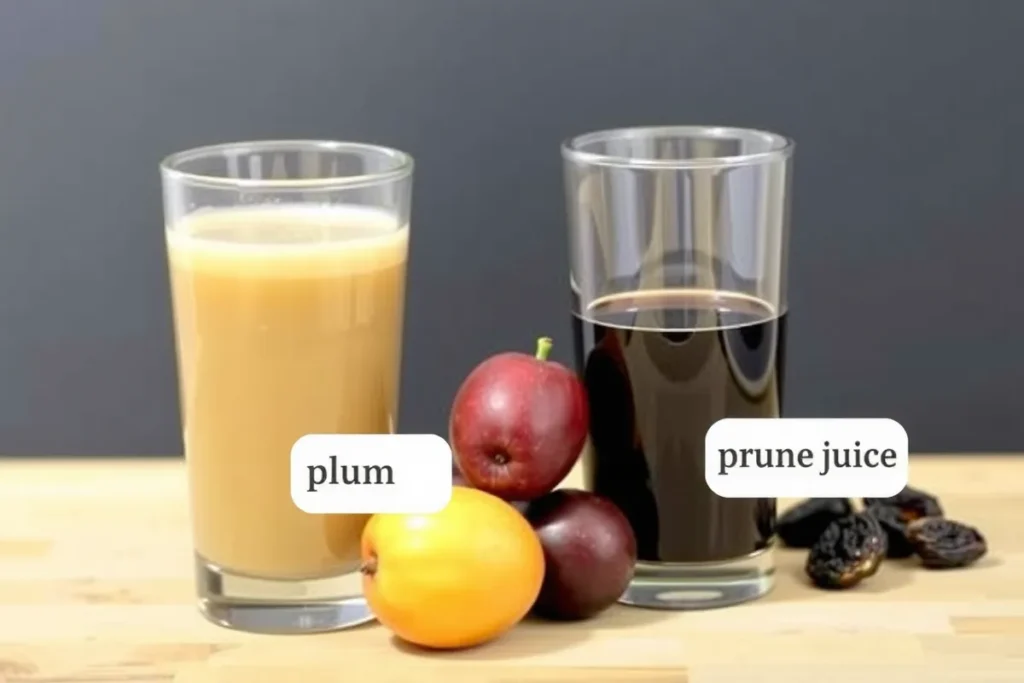 Glasses of plum juice and prune juice side by side with plums and prunes.