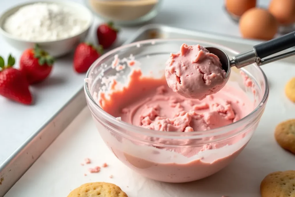 Strawberry cake cookie batter being scooped onto a baking tray with fresh strawberries and ingredients nearby.