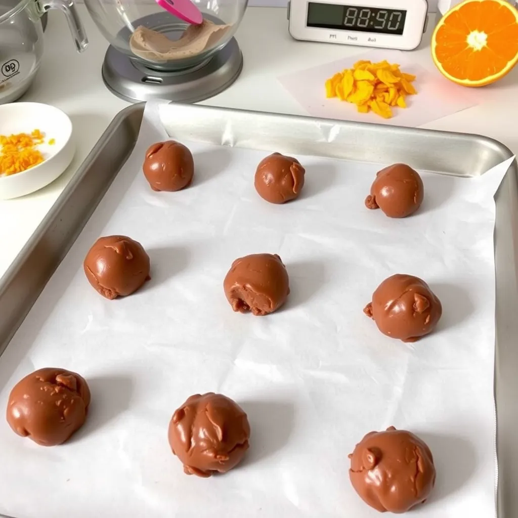 Cookie dough balls for Serbian orange chocolate cookies on a baking sheet, ready to bake.