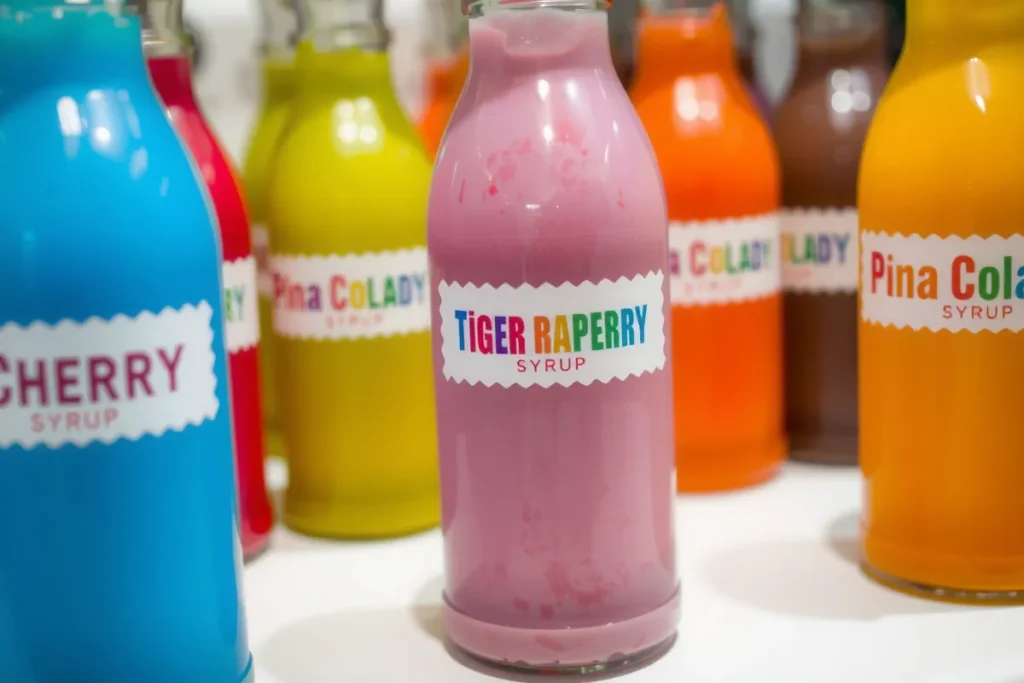 Assorted snow cone syrup bottles with popular flavors like Cherry and Tiger’s Blood.