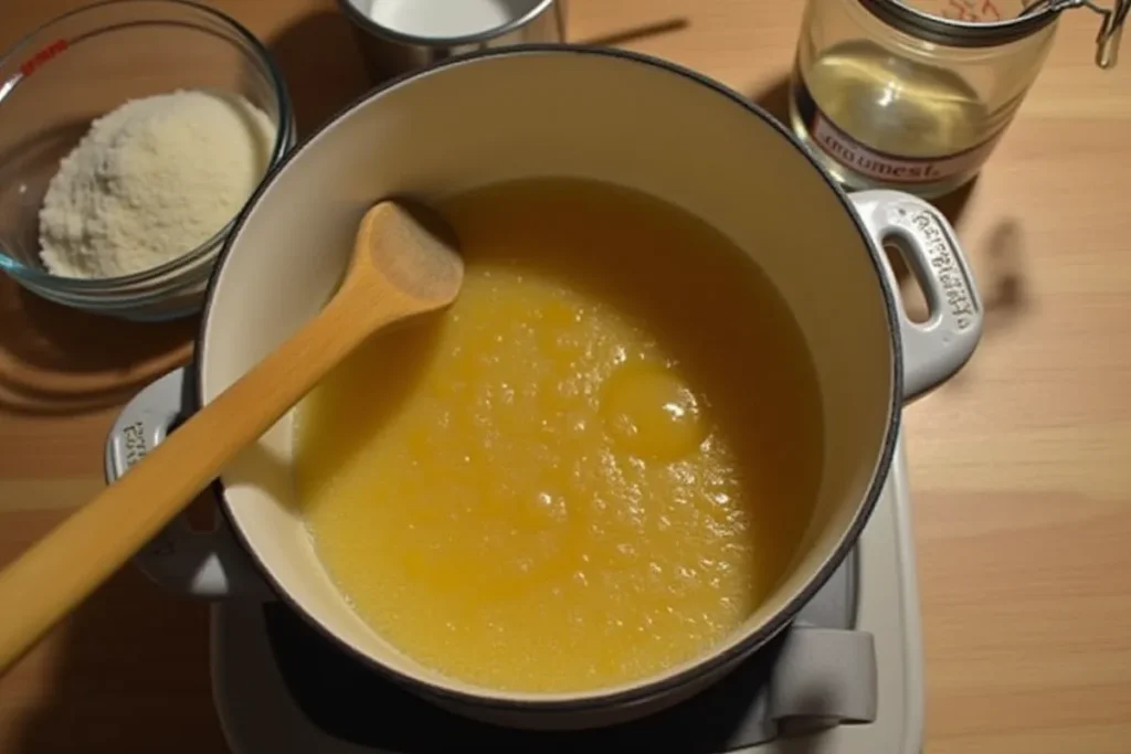 A saucepan with bubbling golden syrup being stirred by a wooden spoon. Nearby are a bowl of demerara sugar, a measuring cup of water, and a labeled glass jar ready for storing the syrup. The setting is a cozy, well-lit kitchen.