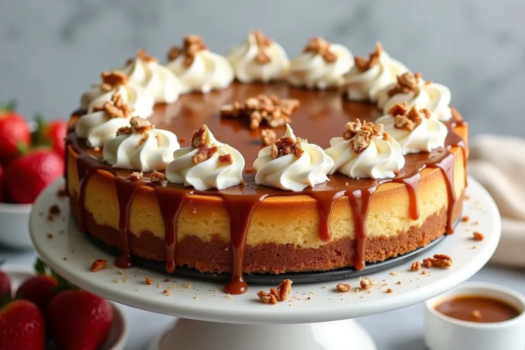 Cinnamon roll cheesecake topped with whipped cream, caramel drizzle, and chopped pecans on a cake stand.