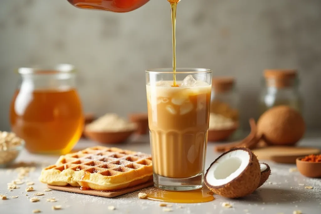 Coconut syrup drizzled into iced coffee with waffles topped with syrup in a kitchen setting.