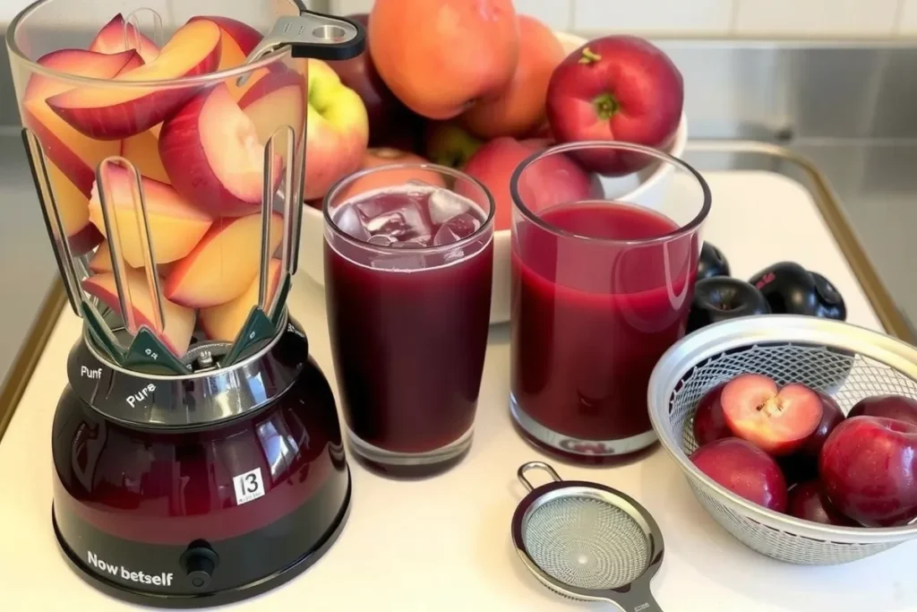 Blender with sliced plums, strained plum juice, and fresh plums on a kitchen countertop.