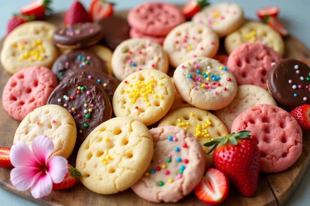 Assortment of strawberry cake cookie variations with chocolate, lemon glaze, and sprinkles.