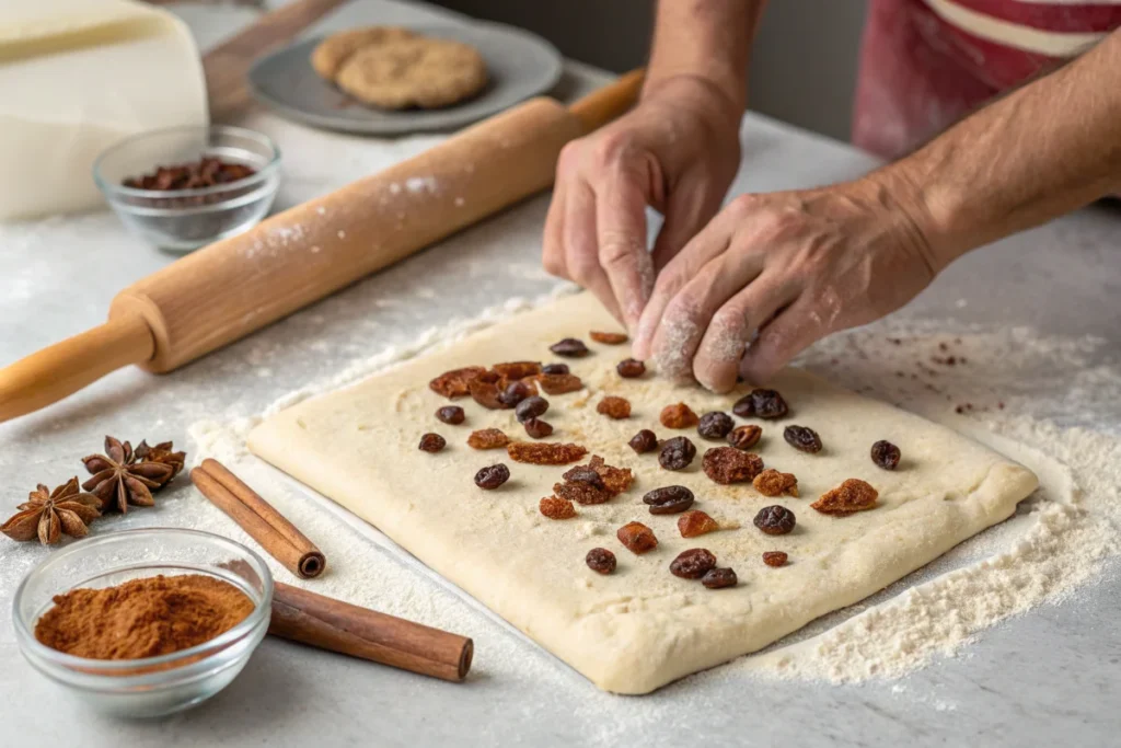 Dough being shaped and sprinkled with cinnamon and raisins on a floured surface.