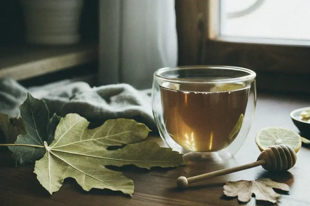 A cup of golden-brown fig leaf tea with fresh and dried fig leaves.