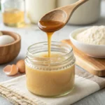 A jar of glucose syrup being poured onto a wooden spoon, surrounded by baking ingredients.