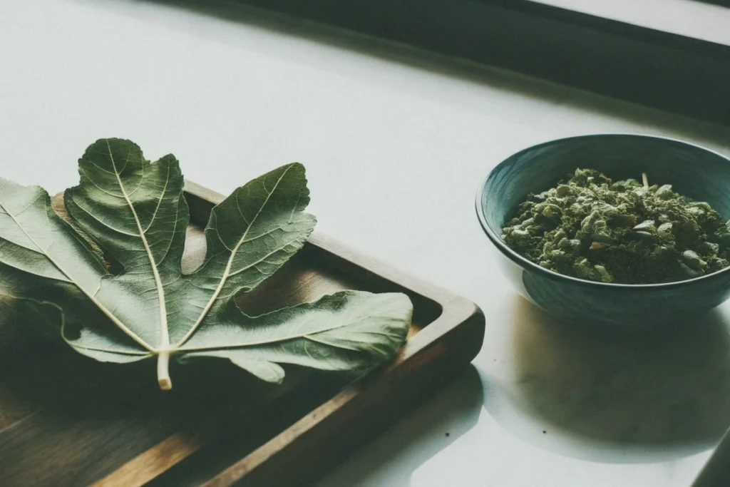 Fresh and dried fig leaves on a wooden cutting board.