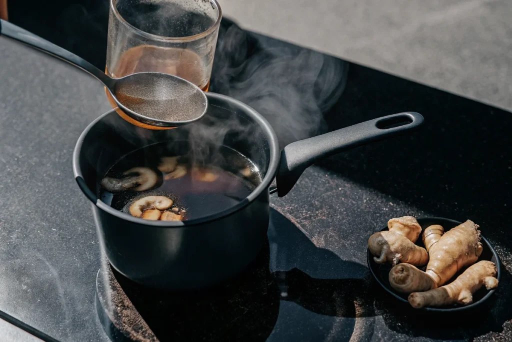 Brewing mushroom tea with simmering Chaga chunks and fresh ginger in a saucepan.