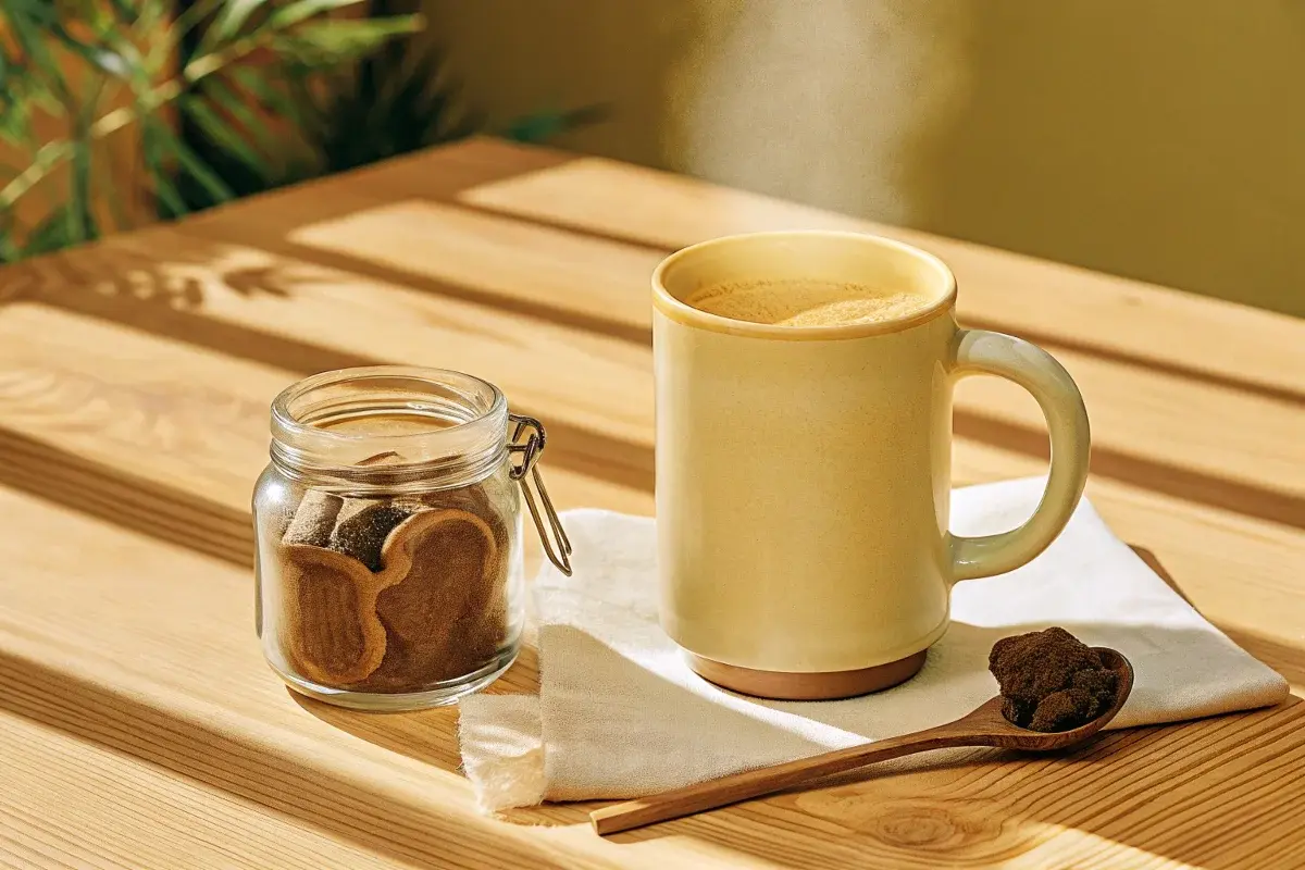 Steaming cup of mushroom tea with Reishi and Chaga mushrooms on a rustic wooden table.