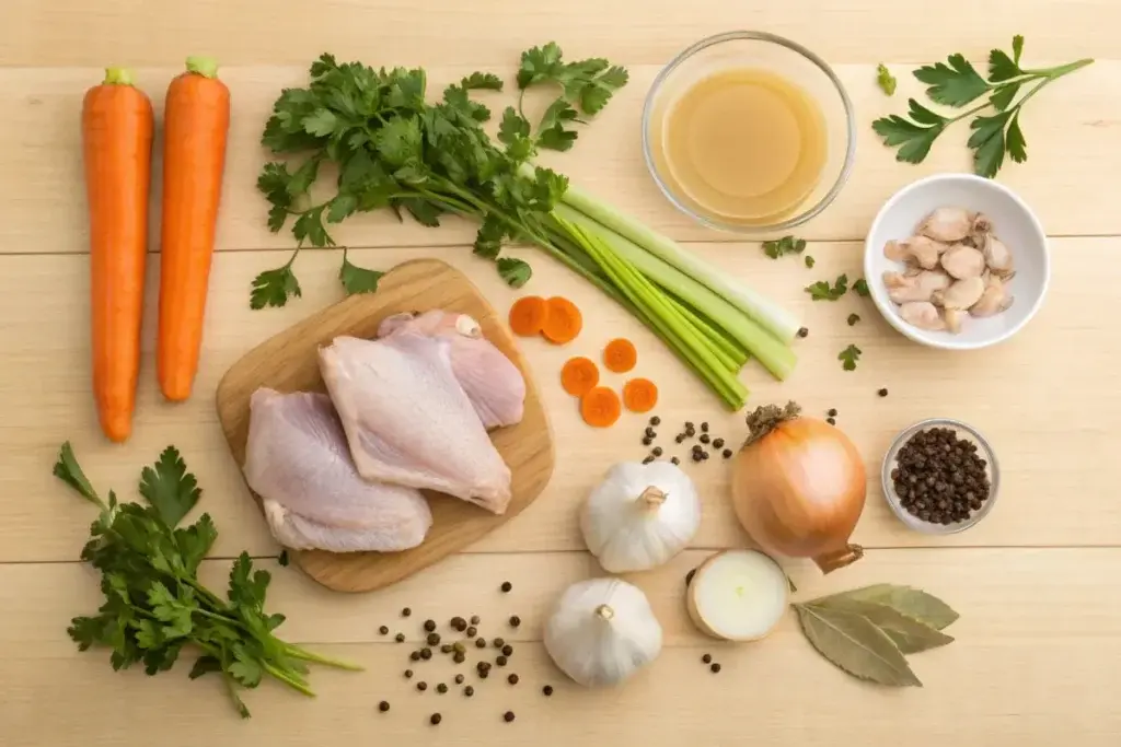 Ingredients for the Best Chicken Broth, including chicken pieces, carrots, celery, onions, and fresh herbs.