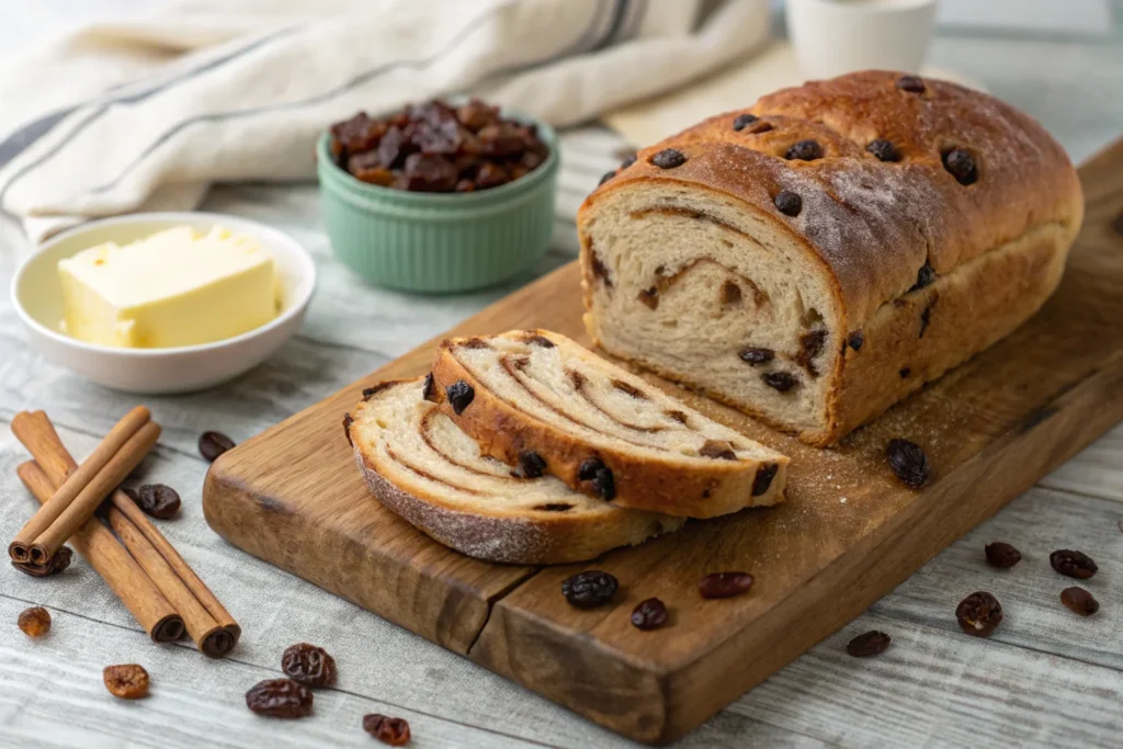 Toasted cinnamon raisin sourdough slice with butter and honey, paired with coffee.
