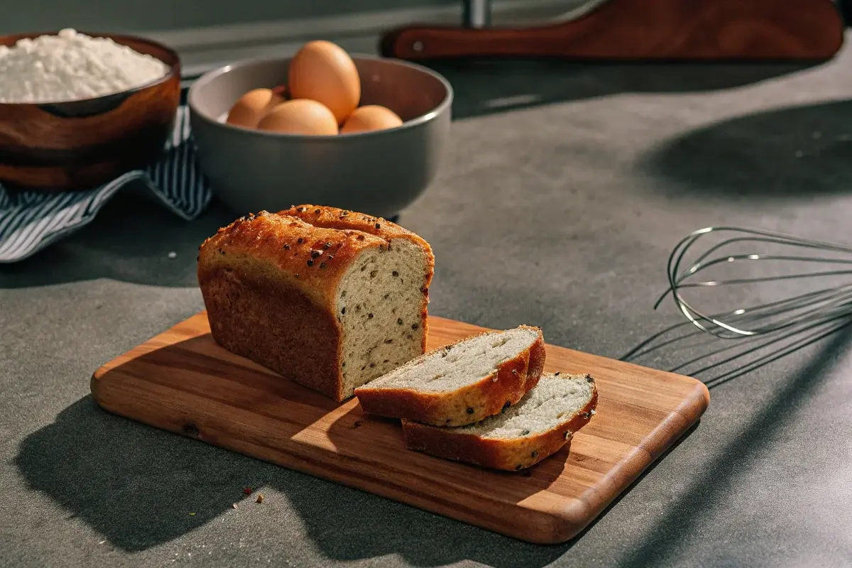 Freshly baked high protein bread with seeds, sliced on a wooden cutting board.