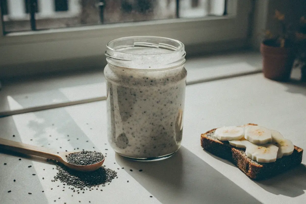 Jar of creamy chia butter with toast topped with chia butter and banana slices.