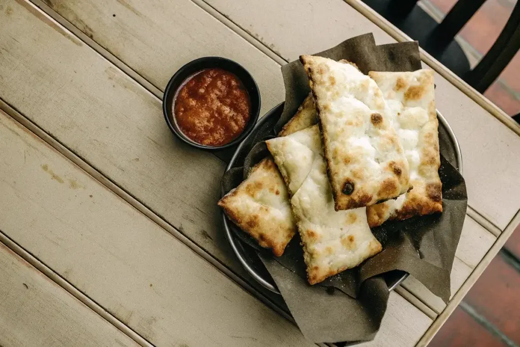 Golden Italian Dunkers with marinara sauce and a sprinkle of parsley.