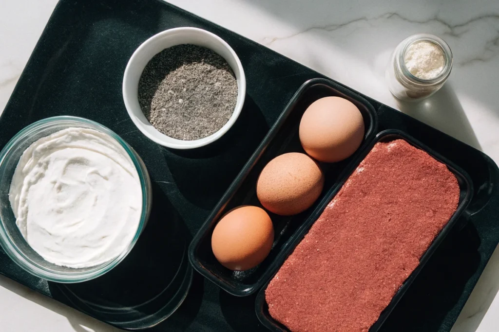 Ingredients for high protein bread, including flours, eggs, yogurt, and seeds.