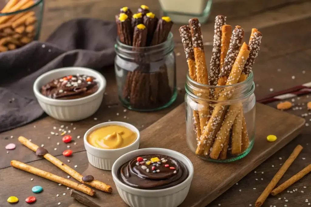 Pretzel rods in a jar with bowls of chocolate, cheese, and mustard dips on a rustic table.