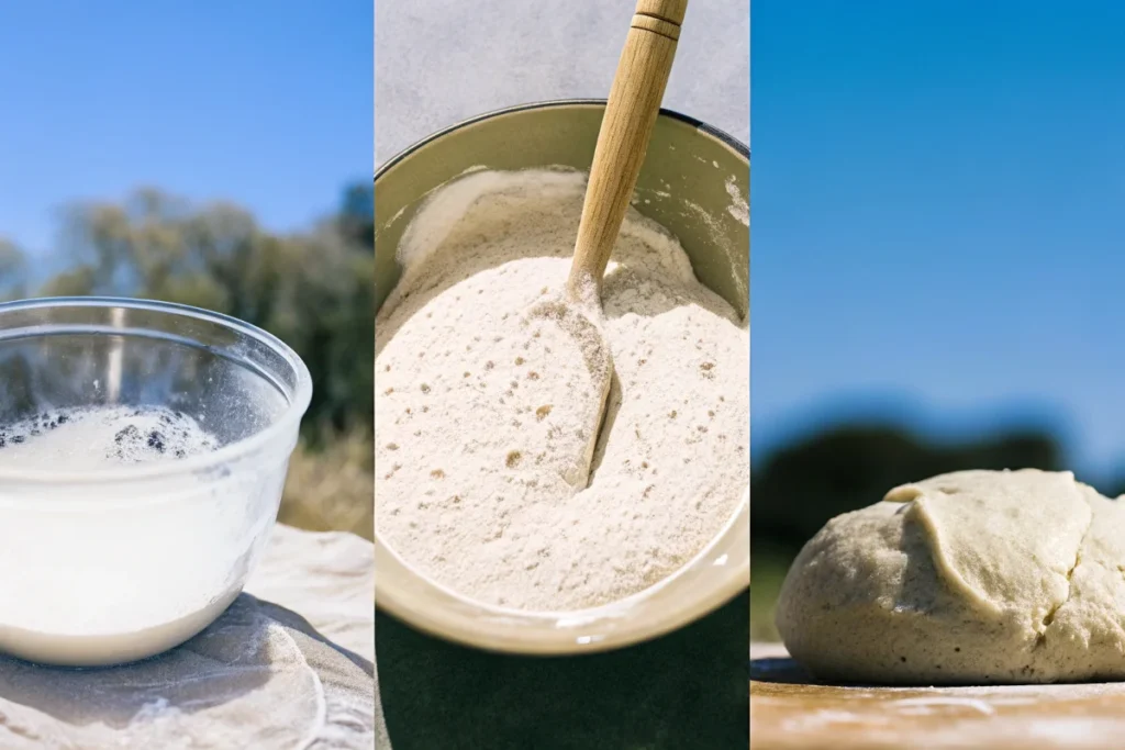 Steps for mixing and fermenting double chocolate sourdough dough.