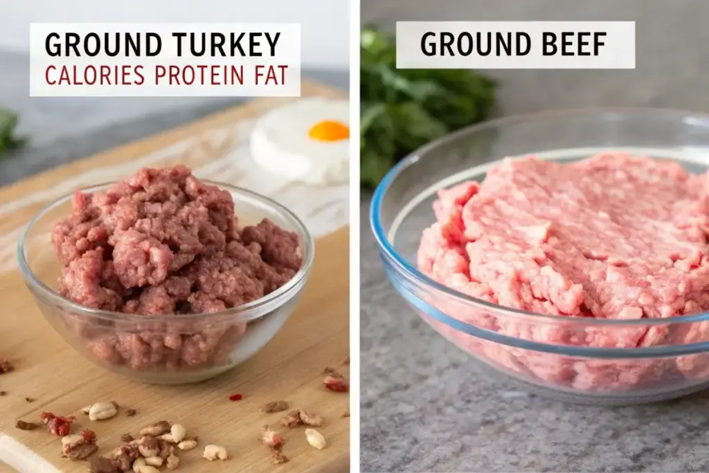 Ground turkey versus ground beef comparison with nutritional data for calories, protein, and fat.
